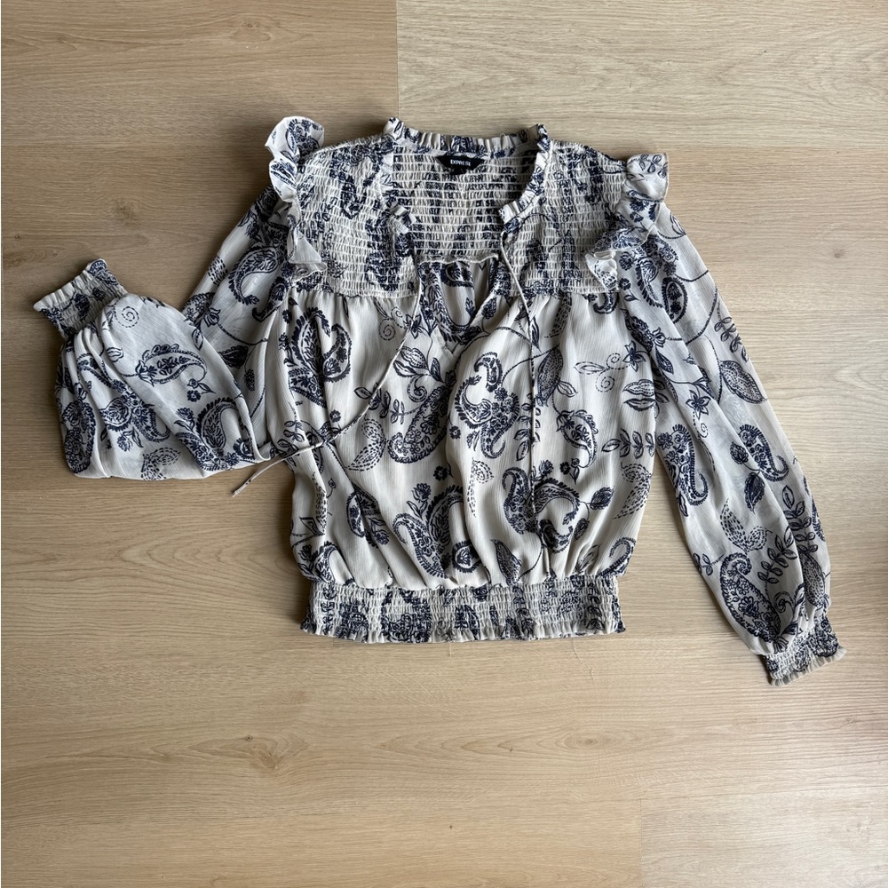 Express Navy Blue and Cream Paisley Smocked Blouse